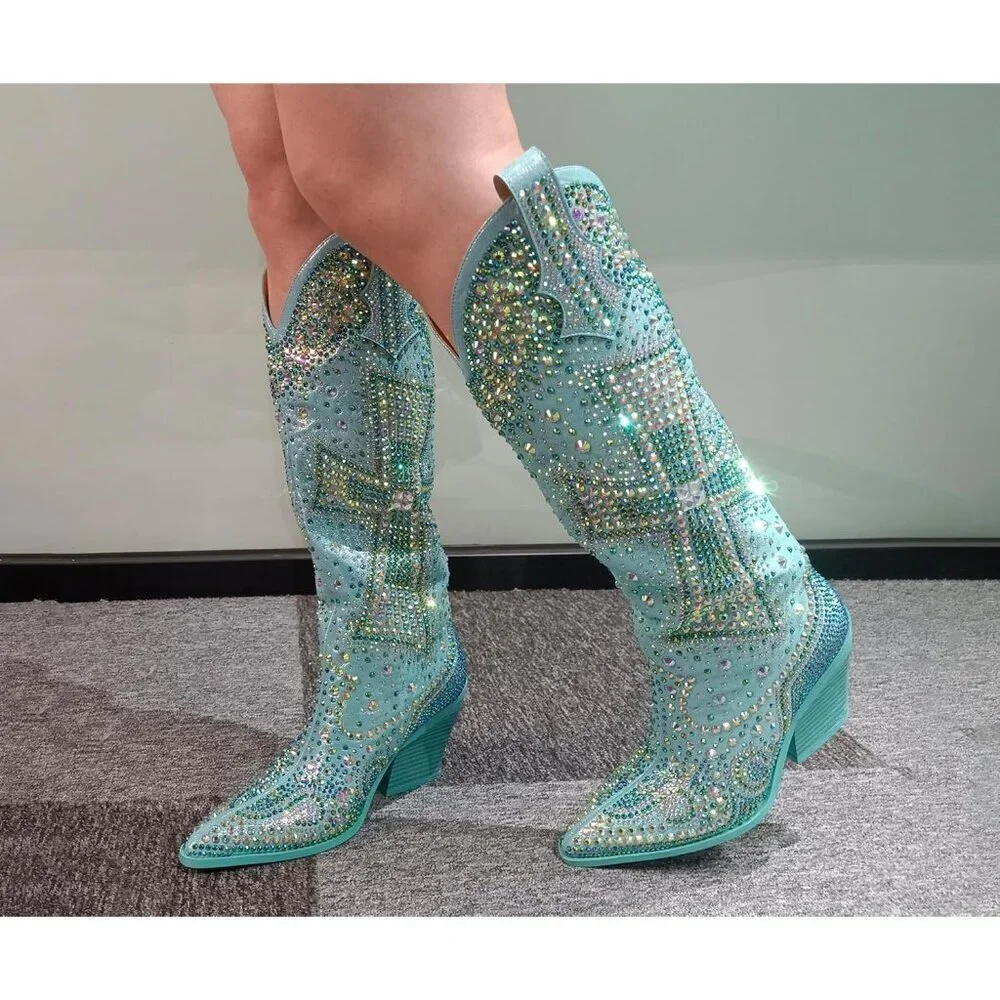 Women's Blue Fashion Rhinestone Cross Western Knee-High Cowboy Boots